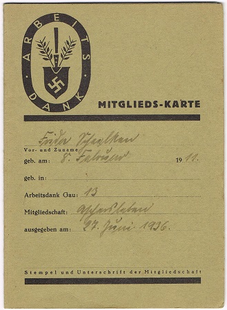 Arbeitsdank memberships card woman Aschersleben 1936