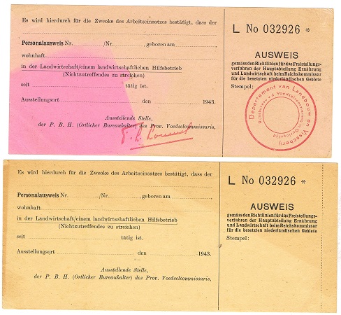 Ausweis Freistellung Arbeitseinsatz Holland 1943