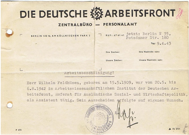 DAF Zentralbüro Personalamt Berlin service statement 1943
