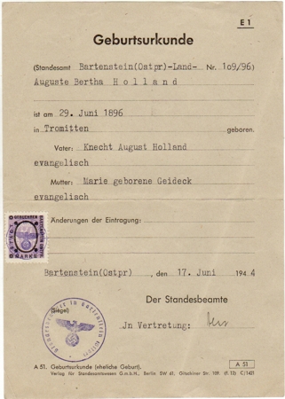 Birth certificate woman 1944 Eastern Prussia Bartenstein