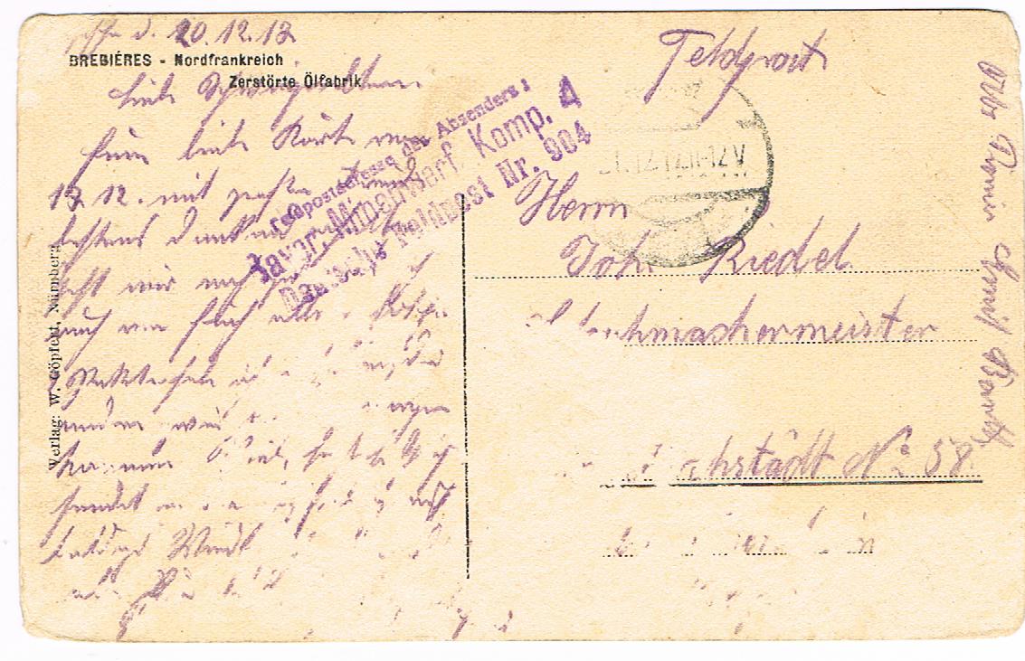 Field post card Brebieres France 1917 destroyed oil factory - Image 2