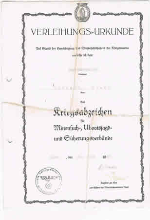 Mine Sweepers Badge Stabsgefreiter Libau 1941