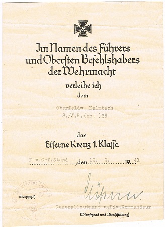 EK1 Oberfeldwebel IR35 25.Infanterie-Division Russia 1941