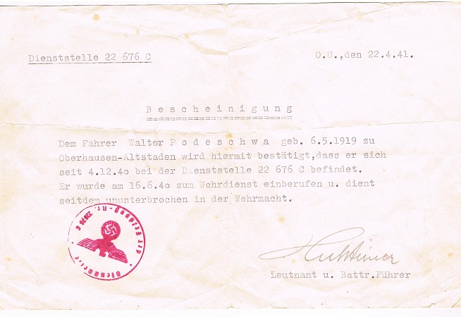 Statement 1941 driver Artillerie-Regiment 43 7.ID