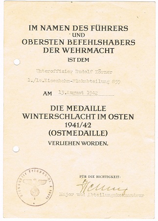 Ostmedaille NCO Eisenbahn-Flak-Abteilung 859 Wismar Paris