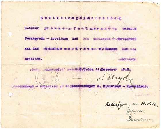 Iron Cross 2nd Class 1918 Blinker Fernsprech-Abteilung 228