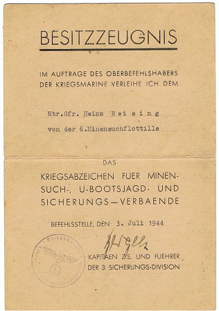 Mine sweeper badge 6.Minensuch-Flottille France 1944