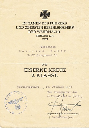 EK2 Gefreiter Flak-Regiment 13 6.Flak-Division KIA 1943 Russia