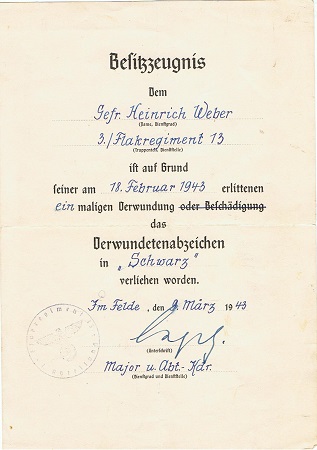 VWA black Gefreiter Flak-Regiment 13 KIA 1943 Northern Russia