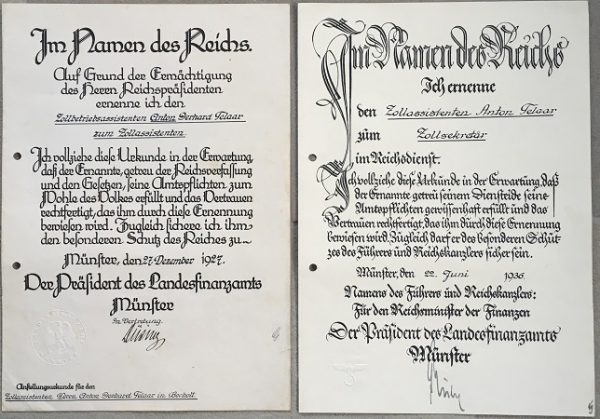 Customs officer promotion certificates Zollsekretär 1927 1936