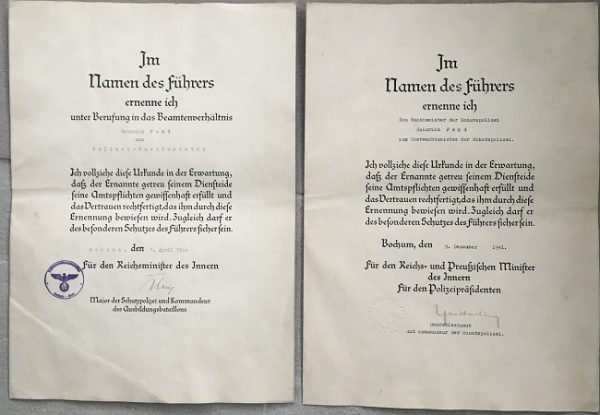 Promotion certificates Oberwachtmeister Schutzpolizei Bochum