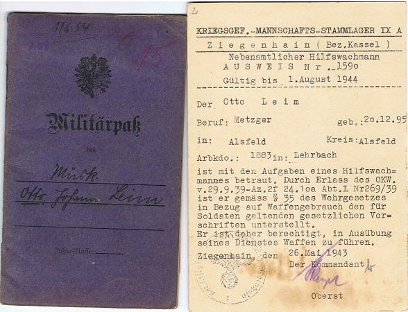 WW1 pass Musketier Infantry France and WW2 ID POW camp guard