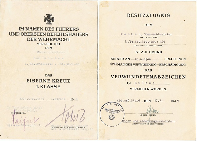 EK1 VWA Silver Wachtmeister RSO Artillerie Middel Russia 1944