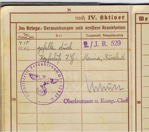 Wehrpass corporal IR529 299.ID KIA 1942 Southern Russia - Image 7