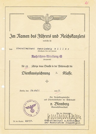Dienstauszeichnung 1.Klasse 1937 Oberstleutnant Nachrichten