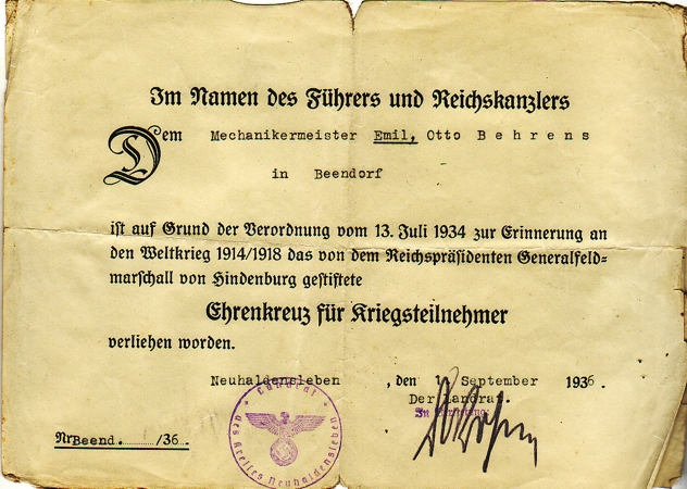Hindenburg Cross for WW1 combatants 1936 mechanic