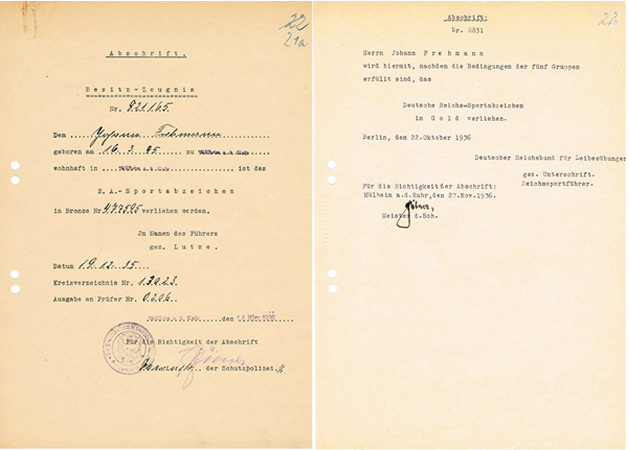 Sports award documents Schutzpolizei Mülheim 1936 SA
