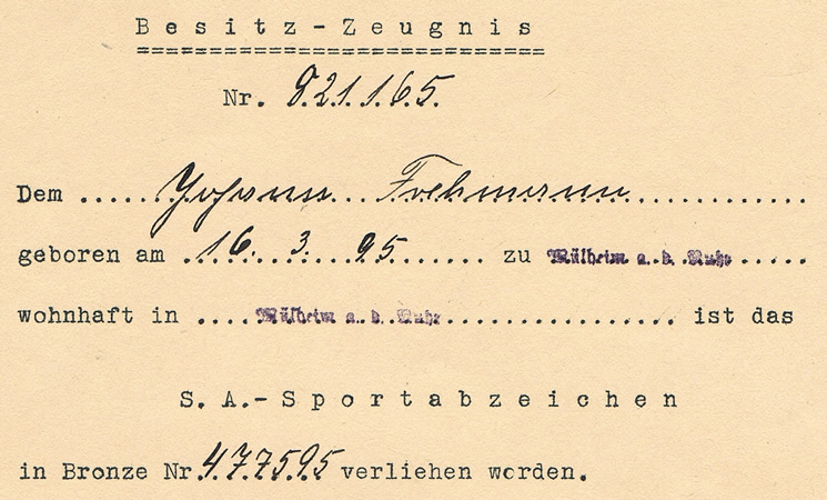 Sports award documents Schutzpolizei Mülheim 1936 SA - Image 2