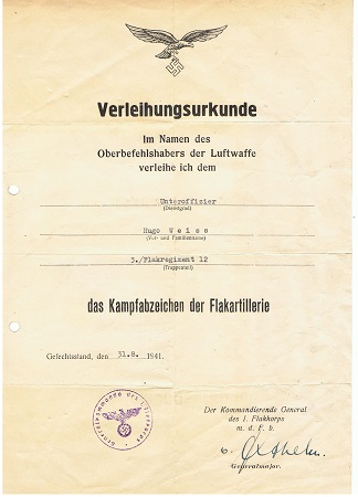 Luftwaffe Flak Badge 1941 NCO Flak-Regiment 12 Russia