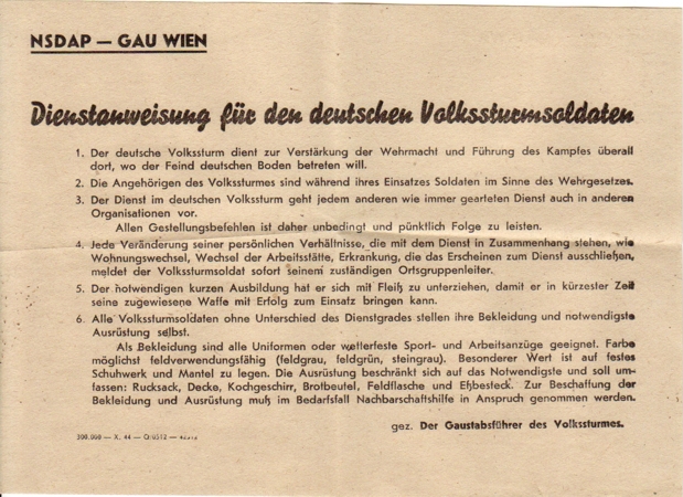 Volkssturm Gau Wien leaflet regulations October 1944