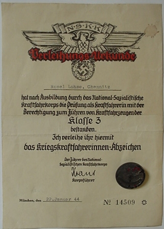 NSKK female driver award document with award