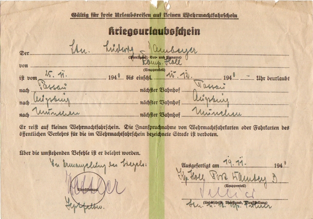 Travel permit Leutnant 1940 Passau Munich