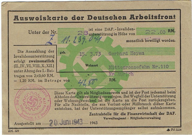 DAF memberships card for disabled persons 1943