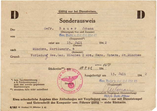 Special permit Sonderausweiss Gefreiter Artillery 1942 Munich