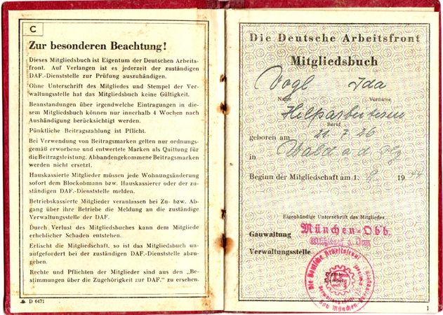 DAF memberships booklet Munich 1944 - Image 2