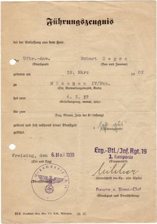 Conduct report Infanterie-Regiment 19 Freising 1939