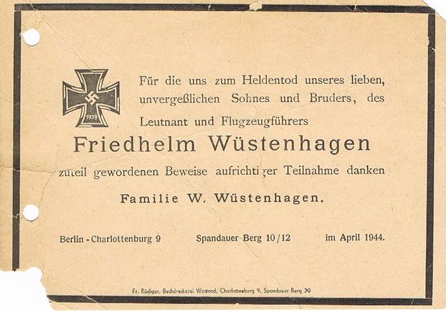 Death notification Luftwaffe night fighter pilot NJG5 1944