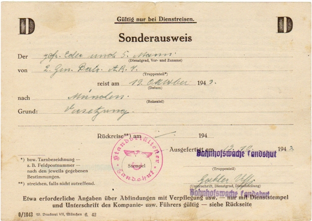 Special permit Sonderausweiss Gefreiter Artillery 1942 Landshut