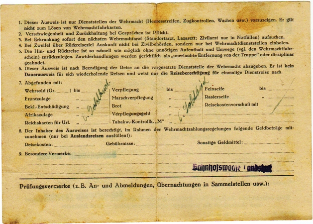 Special permit Sonderausweiss Gefreiter Artillery 1942 Landshut - Image 2
