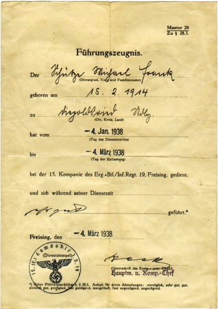 Conduct report rifleman Infanterie-Regiment 19 Freising 1938
