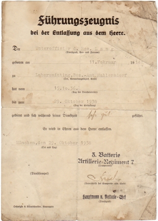 Conduct report Artillerie-Regiment 7 Munich 1936-38