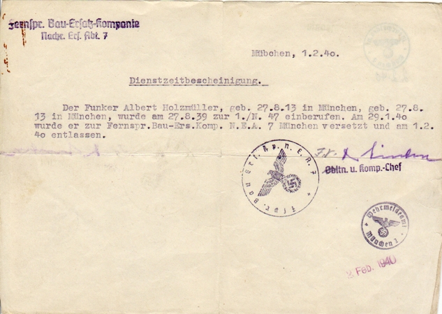 Discharge document Nachrichten Ersatz Abt.7 Munich 1940