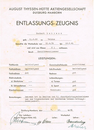 Discharge certificate Thyssen metall factory 1941