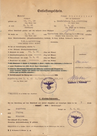 Discharge document driver Artillery 1941 Augsburg