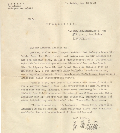 Letter Captain Pioneers 1941 about promotion NCO