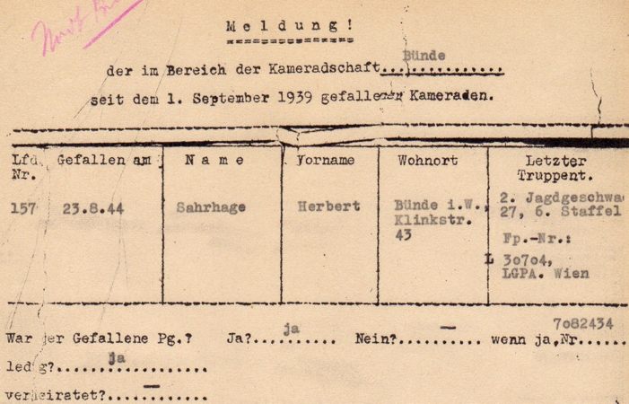 NSKOV document fighter pilot Jagdgeschwader 27 KIA 1944 - Image 2