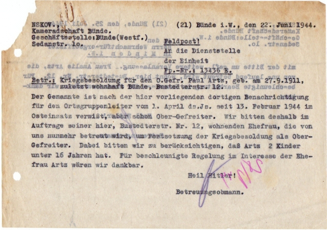 NSKOV document Corporal Gren-Rgt 306 missing in action 1944