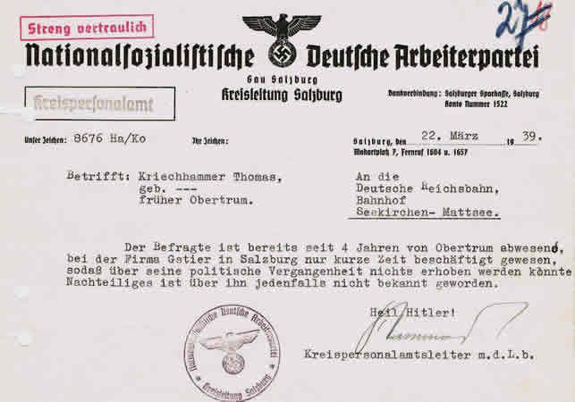 NSDAP letter Kreisleitung Gau Salzburg 1939