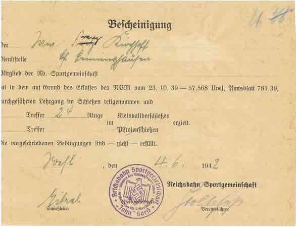 Document shooting course Reichbahn Sportgemeinschaft 1942