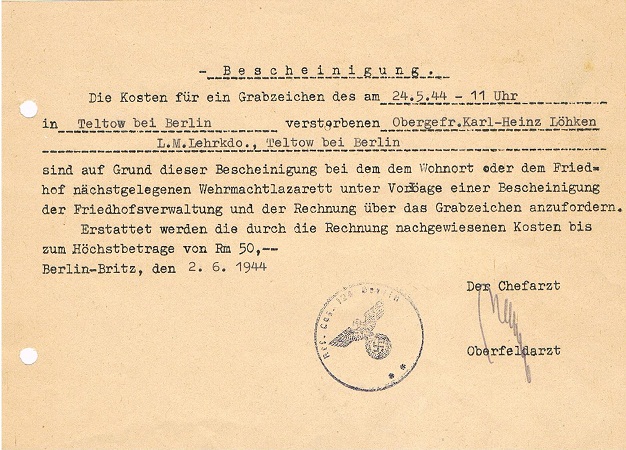 Document deceased Obergefreiter 1944 Lehr-Kommando Teltow