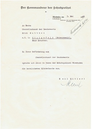 Letter Kommandeur Schutzpolizei Wiesbaden 1941 Oberstleutnant