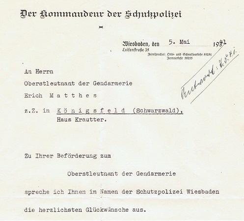 Letter Kommandeur Schutzpolizei Wiesbaden 1941 Oberstleutnant - Image 2