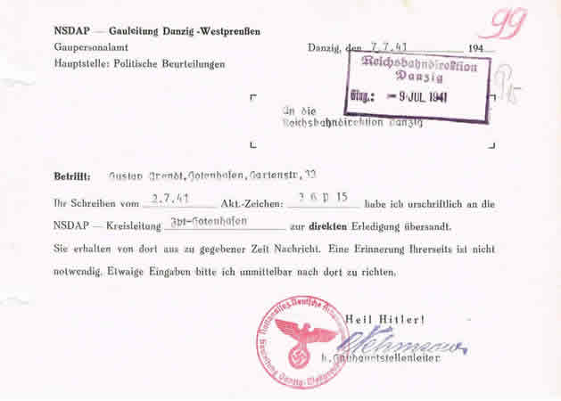 NSDAP document Gauleitung Danzig Austria 1941