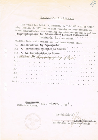Document awards Hauptwachtmeister Schutzpolizei Mülheim 1936