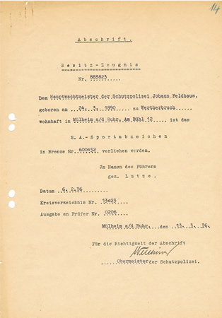 SA award document Hauptwachtmeister Schutzpolizei 1936 Mülheim