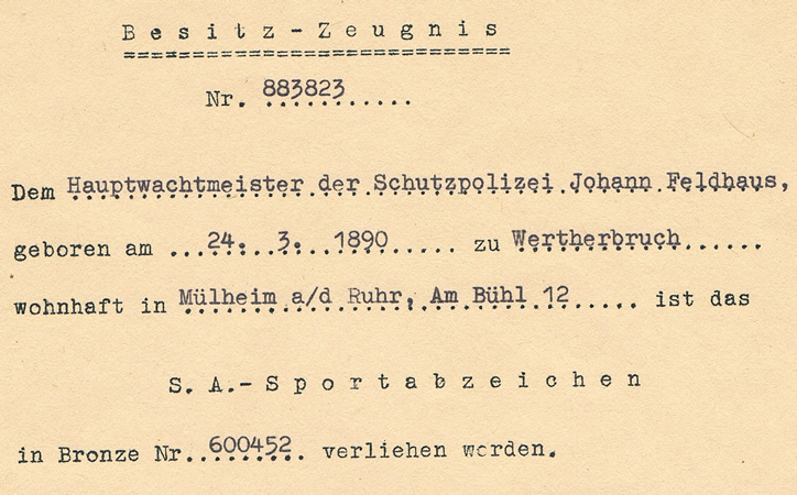SA award document Hauptwachtmeister Schutzpolizei 1936 Mülheim - Image 2